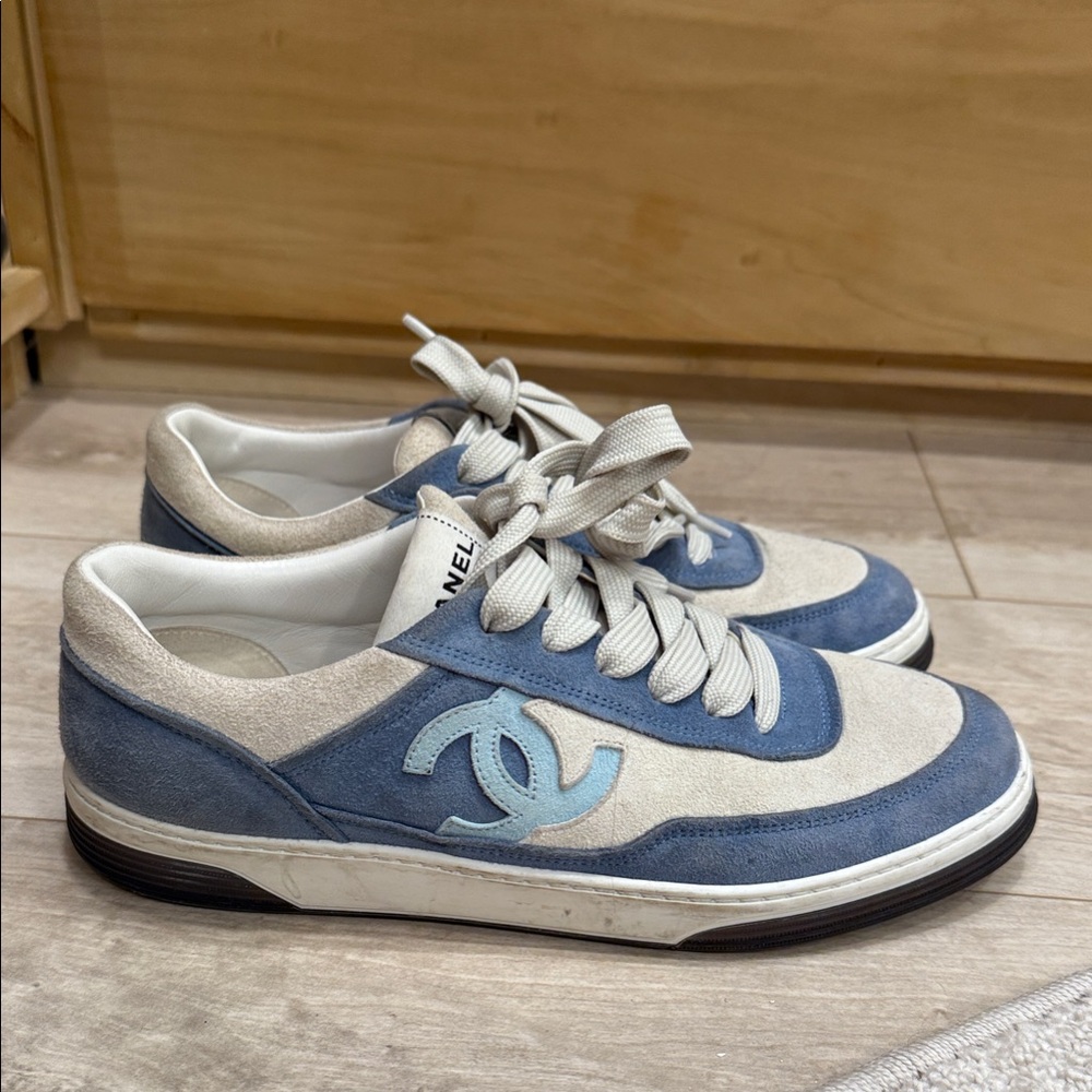CHANEL Light Blue and Cream Sneakers